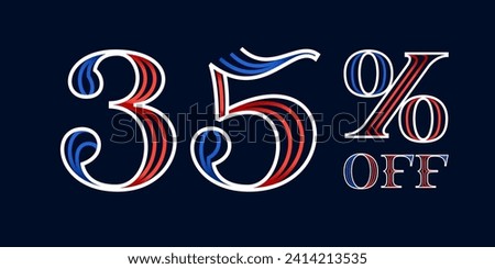 35% OFF lettering made of blue and red lines. Serif sport style font. Patriotic lettering for Super Sale. Special offer template for US history event, team uniform discount, VIP coupon, motor store.
