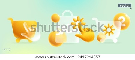 Glassmorphism style transparent shopping cart, package with realistic 3D computer hand shape cursor, loading icon and spheres. Transparent glass blur effect. Vector template for sale advertising.