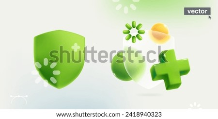 Shield symbol with realistic 3D green add, plus, medical cross, loading icon and sphere in glassmorphism style. Transparent plastic antivirus protection template. Vector cartoon style illustration.