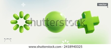 Realistic 3D green add, plus, medical cross, loading icon and sphere in glassmorphism style. Cartoon render of first aid and eco care. UI with glass overlay. Transparent plastic vector illustration.