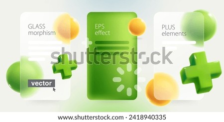 Glassmorphism style infographics screens with realistic 3D green add, plus, medical cross, loading icon and spheres. Transparent plastic chart frames. Glass overlay effect. Vector cartoon illustration