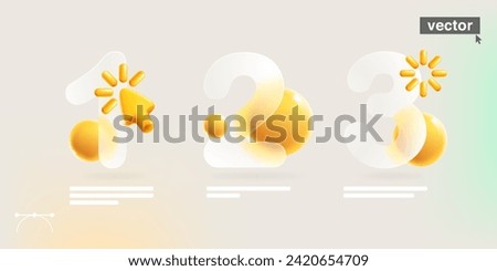 1, 2, 3 step infographics in glassmorphism style with realistic 3D cursor and spheres. Transparent plastic numbers chart template. Arrow icon glass overlay effect. Vector illustration in cartoon style