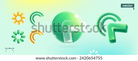 Realistic 3D triangle cursor, loading icon and green sphere in glassmorphism style. Transparent plastic arrow template. UI set with glass overlay effect. Vector illustration in cartoon style.