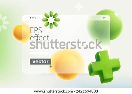Transparent presentation screen in Glassmorphism style with realistic 3D green add, plus, medical cross, loading icon and spheres. Mate glass arrow with blur effect. Vector UI with glass overlay.