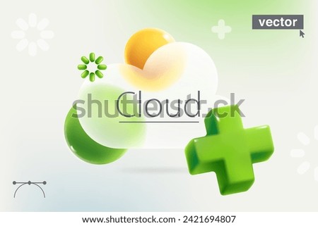 Cloud icon with realistic 3D green add, plus, medical cross, loading icon, spheres. Web storage. Transparent plastic weather app UI element. Glass overlay effect. Vector cartoon style illustration.