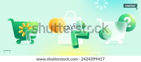 Glassmorphism style transparent shopping cart, package with realistic 3D triangle arrow, cursor, and spheres. Transparent glass with blur effect. Vector template for shop payment, sale, advertising.