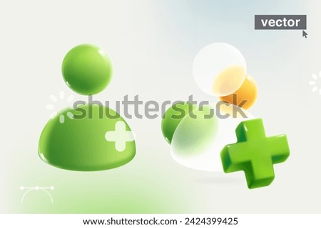 Person user icon in glassmorphism style. Realistic 3D green add, plus, medical cross, loading icon and spheres. Transparent glass with blur effect. Vector for social media, UI screen, banner, app.