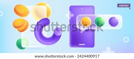 Speech bubble symbol with realistic 3D loading indicator in volume semicircle line, flying golden coins and spheres in glassmorphism style. Transparent plastic feedback UI element. Glass overlay.