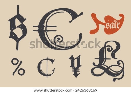 Dollar, Euro, Pound, Cent, Yen, and percentage sign set. Medieval Polish blackletter calligraphy. 15th century Schwabacher Gothic type. Old German style font for fairy tale, premium newspaper headline