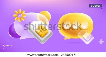 Speech bubble symbol with mobile phone SIM card with golden chip in glassmorphism style. Realistic 3D isometric cartoon render. Vector for online telecom app, NFC payment password, wireless network.