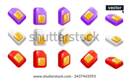 Mobile phone SIM cards set with golden chip in neumorphism style. Realistic 3D isometric cartoon render. Fun vector banner template for cell app, NFC payment password, wireless network.