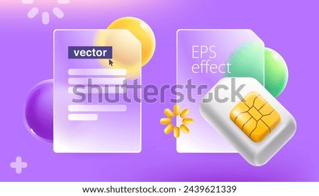 Glassmorphism style infographics screens with mobile phone SIM card with golden chip. Realistic 3D plastic cartoon render. Vector for online telecom app, NFC payment password, wireless network.