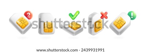 Mobile phone SIM cards set with golden chip, notification sphere, checkmark, red cross in neumorphism style. Realistic 3D isometric cartoon render. Fun vector banner template for cell app, NFC payment