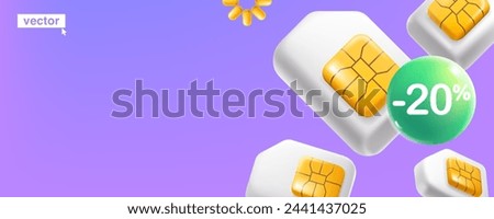 Vector banner template with mobile phone SIM card with golden chip and sphere with percent sign in neumorphism style. Realistic 3D isometric cartoon render for cell app, NFC payment, wireless network.