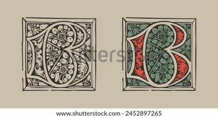 B letter medieval Gothic initial illuminated by foliage ornament. Engraved German drop cap. Dark age hand painted emblem. Classic Latin alphabet font based on XV century embellishment manuscript.