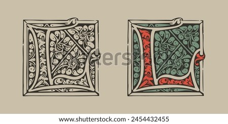 L letter medieval Gothic initial illuminated by foliage ornament. Engraved German drop cap. Dark age hand painted emblem. Classic Latin alphabet font based on XV century embellishment manuscript.