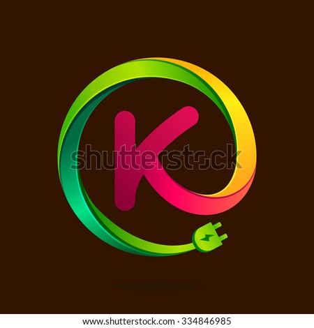 K letter with wire plug icon. Vector design template elements for your application or corporate identity.
