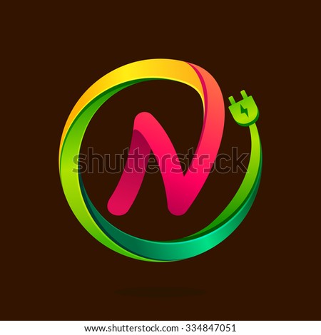 N letter with wire plug icon. Vector design template elements for your application or corporate identity.