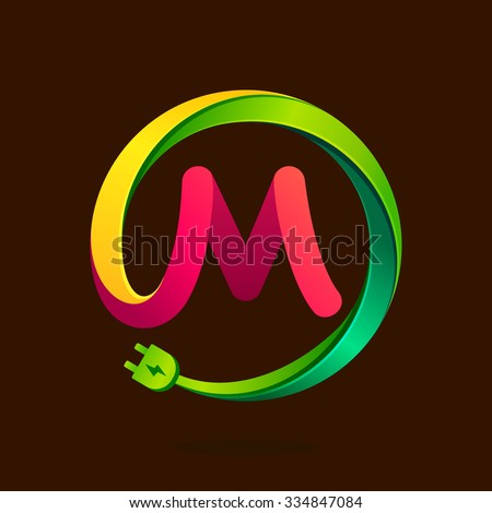 M letter with wire plug icon. Vector design template elements for your application or corporate identity.
