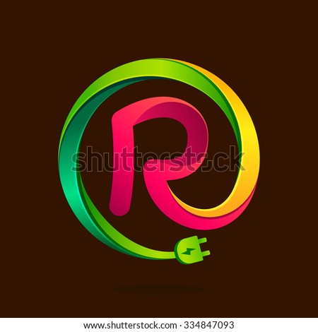 R letter with wire plug icon. Vector design template elements for your application or corporate identity.