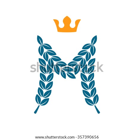 M letter logo formed by laurel wreath with crown. Vector design template elements for your application or corporate identity.