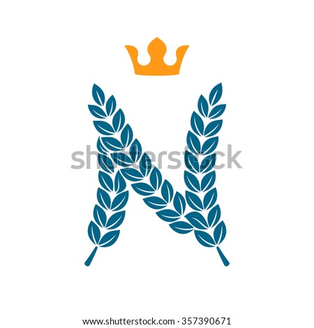 N letter logo formed by laurel wreath with crown. Vector design template elements for your application or corporate identity.