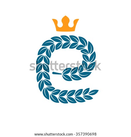 E letter logo formed by laurel wreath with crown. Vector design template elements for your application or corporate identity.