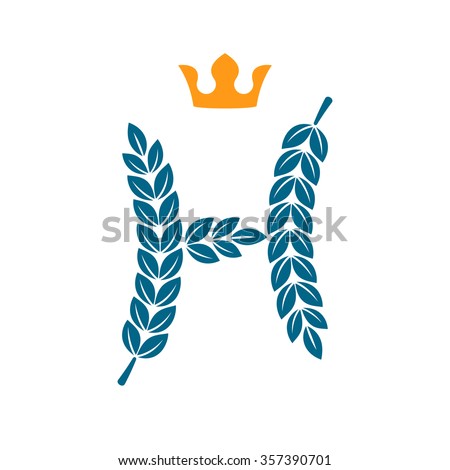 H letter logo formed by laurel wreath with crown. Vector design template elements for your application or corporate identity.