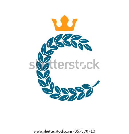 C letter logo formed by laurel wreath with crown. Vector design template elements for your application or corporate identity.