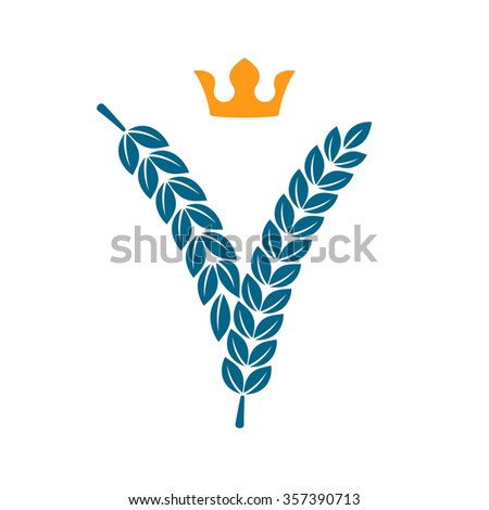 V letter logo formed by laurel wreath with crown. Vector design template elements for your application or corporate identity.