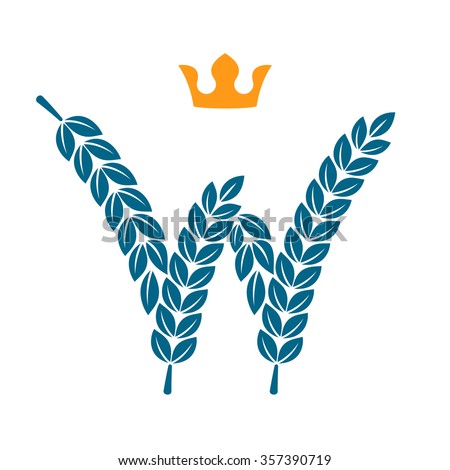 W letter logo formed by laurel wreath with crown. Vector design template elements for your application or corporate identity.