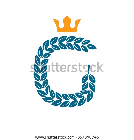 G letter logo formed by laurel wreath with crown. Vector design template elements for your application or corporate identity.