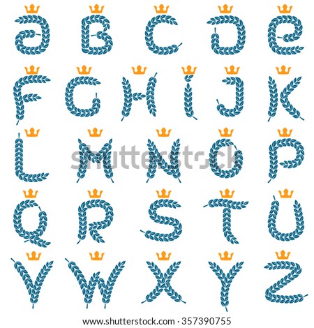 Alphabet letters formed by laurel wreath with crown. Vector design template elements for your application or corporate identity.