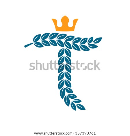 T letter logo formed by laurel wreath with crown. Vector design template elements for your application or corporate identity.