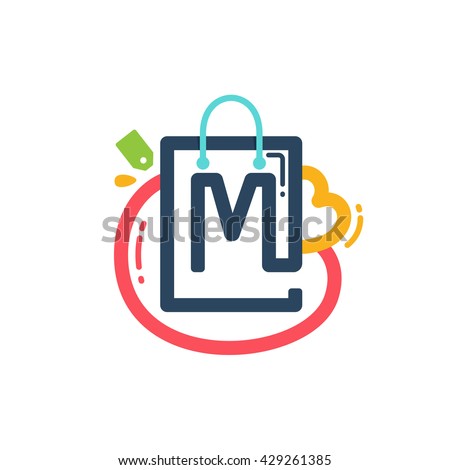 M letter with shopping bag and tag icon. Vector design element for tag, card, corporate identity, label or poster.