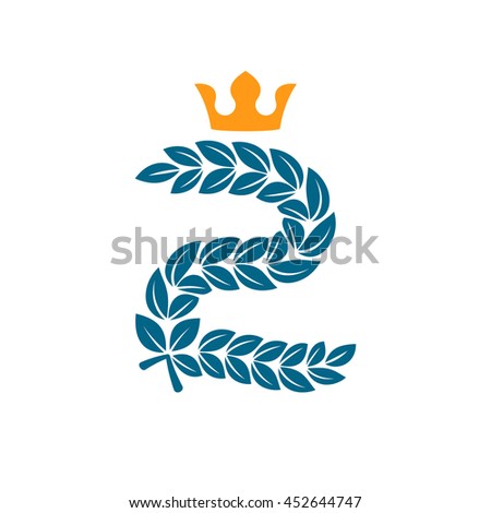 Number two logo formed by laurel wreath with crown. Vector design for banner, presentation, web page, card, labels or posters.