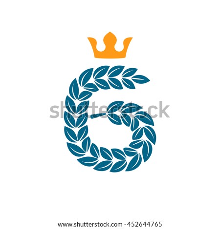 Number six logo formed by laurel wreath with crown. Vector design for banner, presentation, web page, card, labels or posters.