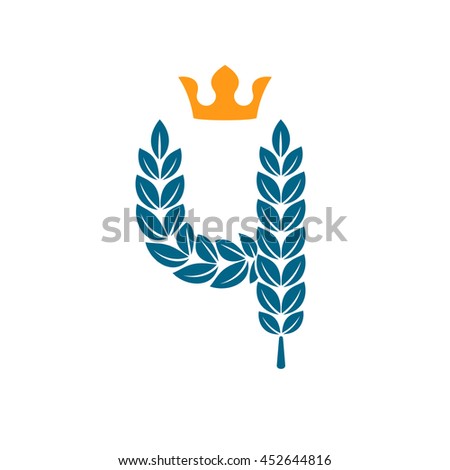 Number four logo formed by laurel wreath with crown. Vector design for banner, presentation, web page, card, labels or posters.