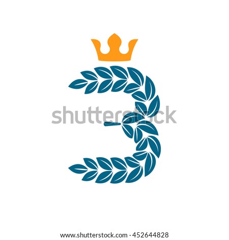 Number three logo formed by laurel wreath with crown. Vector design for banner, presentation, web page, card, labels or posters.