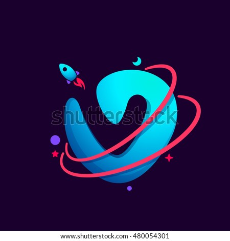 Letter V logo with planet, rocket and orbits lines. Bright vector design for science, biology, physics, chemistry company.