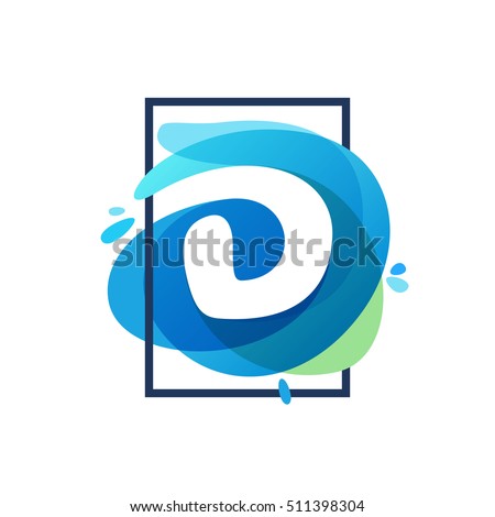 D letter logo in square frame at blue watercolor splash background. Vector ecology typography for your posters, invitations, cards. 