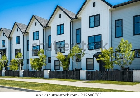 New Modern Apartment Buildings in Vancouver BC. Canadian modern residential architecture on sunny summer day. Nobody, street photo-Vancouver BC. Real estate development, house for sale, housing market Zdjęcia stock © 