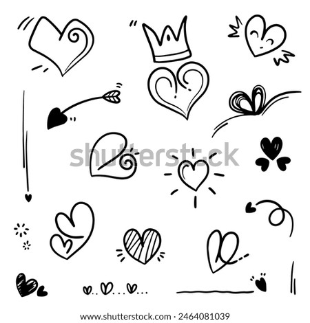 Abstract Doodle heart in many collections. brush Sign isolated love in Vector illustration