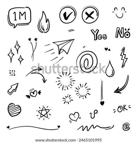 Doodle abstract of swash black thin line set include of Heart, Stroke, Circle and Arrow Sign in Vector illustration