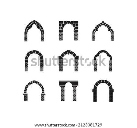 Arch vector logo template with ancient, facade, exterior, gateway, antique, architecture, oriental, stone, entrance, arched.