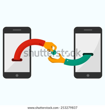 Hand giving money to other hand. Internet banking and mobile payments using smartphone, cash and near field communication technology, online banking. Payments methods. Flat vector illustration