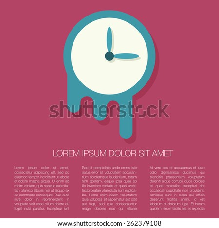 Melting clock illustration. Symbol of time. Flat design with long shadow. For web and applications