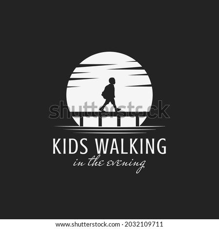 Illustration silhouette Little Boy Walking at Night, Kids Walking in the Evening logo design