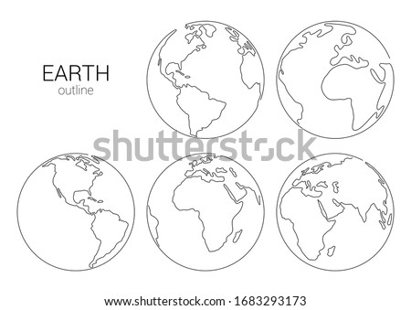 Outline hand drawn Earth set. Vector Illustration. Planet earth isolated on white background. Planet set for logo, cards, banners. Earth globe, one line drawing of world map