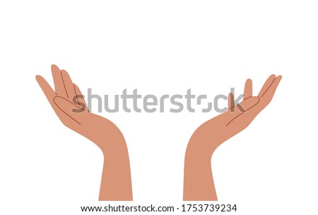 Hand drawn cupped hands illustration. Raised hands vector concept. Volunteering charity, votes, support, hope and peace. Vector human open hands isolated on white background